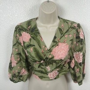 Agua Bendita Peony Print Tie Wrap Top Dark Olive/Blush Women's Extra Large XL